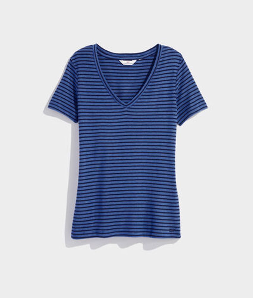Vineyard Vines Neon Stripe V-Neck Simple T-Shirt (Stripe - Blue) (Size