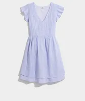 Striped Pintuck Flutter-Sleeve Dress