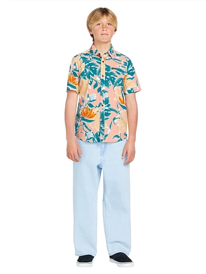 Big Boys Leaf Pit Floral Short Sleeve Shirt - Salmon