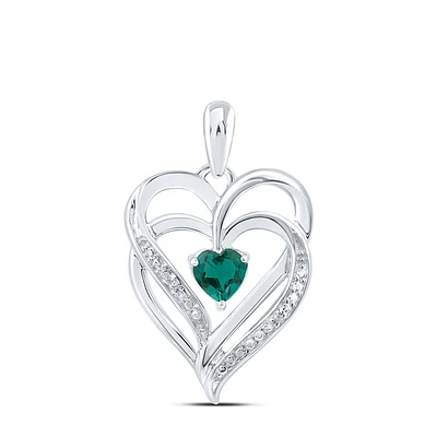 Sterling Silver Womens Round Synthetic Emerald Heart Pendant 5/8 Cttw