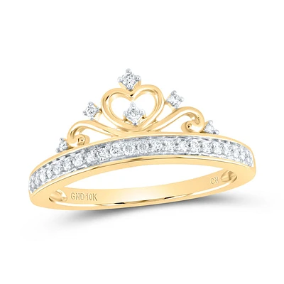 10kt Yellow Gold Womens Round Diamond Heart Crown Ring 1/6 Cttw