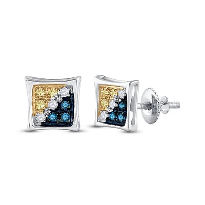 10kt White Gold Mens Round Blue Yellow Color Enhanced Diamond Square Kite Earrings 1/20 Cttw