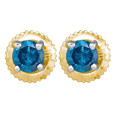 10kt Gold Womens Round Blue Color Enhanced Diamond Solitaire Stud Earrings 1/4 Cttw