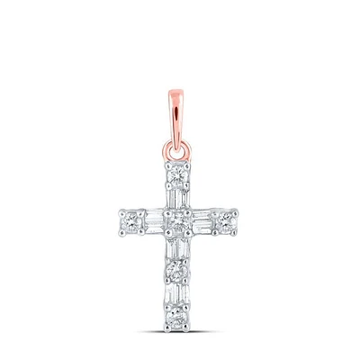 10kt Rose Gold Womens Baguette Diamond Cross Pendant 1/6 Cttw