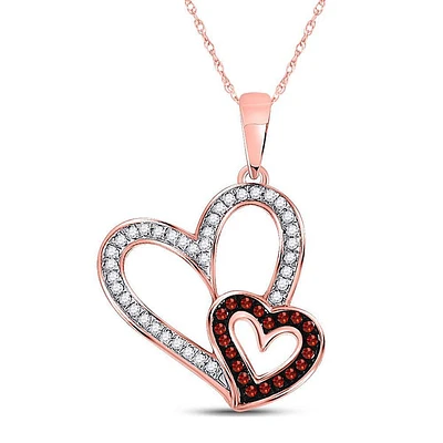10kt Rose Gold Womens Round Red Color Enhanced Diamond Double Heart Pendant 1/6 Cttw