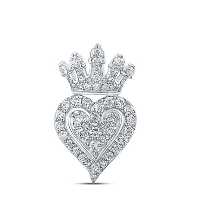 10kt White Gold Womens Round Diamond Crown Heart Pendant /4 Cttw