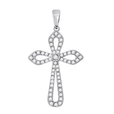 10kt White Gold Womens Round Diamond Gothic Cross Pendant 1/3 Cttw