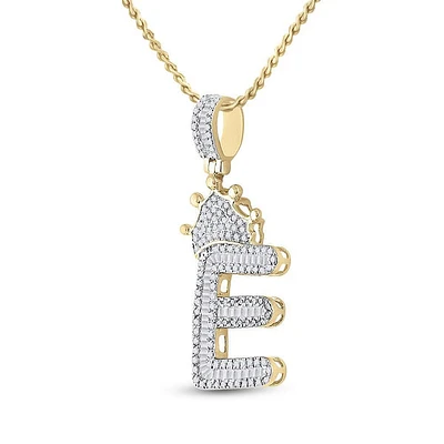 10kt Yellow Gold Mens Baguette Diamond Crown E Letter Charm Pendant 3/4 Cttw