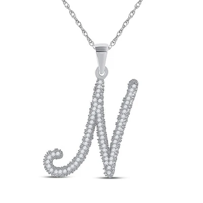 10kt White Gold Womens Round Diamond Cursive Letter N Pendant 1/5 Cttw