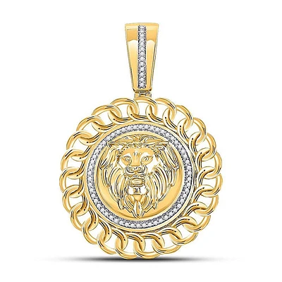 10kt Yellow Gold Mens Round Diamond Lion Head Circle Charm Pendant 1/5 Cttw