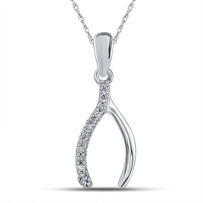 Sterling Silver Womens Round Diamond Lucky Wishbone Pendant 1/20 Cttw