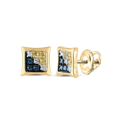 10kt Yellow Gold Round Blue Color Enhanced Diamond Square Kite Earrings 1/20 Cttw