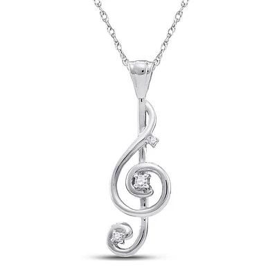 10kt White Gold Womens Round Diamond Treble Clef Music Note Pendant 1/20 Cttw