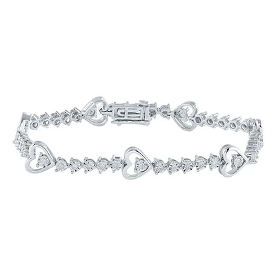 Sterling Silver Womens Round Diamond Heart Tennis Bracelet 1/ Cttw