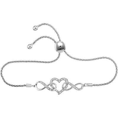 Sterling Silver Womens Round Diamond Infinity Heart Bolo Bracelet 1/6 Cttw