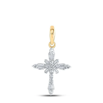 10kt Gold Womens Baguette Diamond Cross Pendant 1/6 Cttw