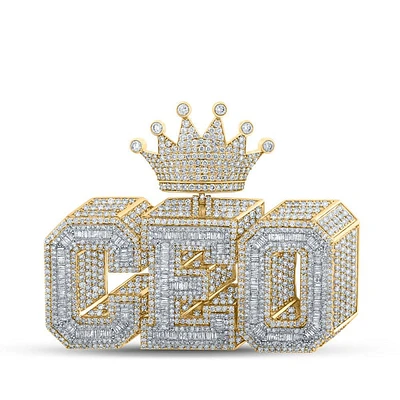 10kt Yellow Gold Mens Baguette Diamond 3D CEO Crown Phrase Charm Pendant 12-3/8 Cttw