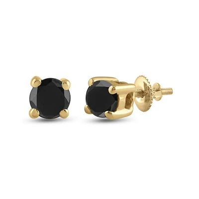 10kt Gold Unisex Round Black Color Enhanced Diamond Solitaire Stud Earrings 1/ Cttw