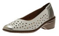 Rashida White Silver Perforated Leather Low Heel Pump