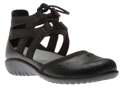 Kata Black Snake Leather Tie Ankle Ballerina Flat 