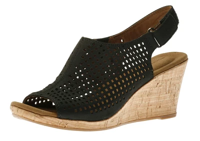 Briah Black Perforated Nubuck Leather Slingback Wedge Sandal