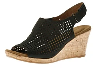 Briah Black Perforated Nubuck Leather Slingback Wedge Sandal