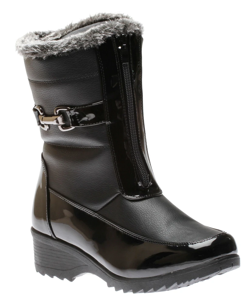 Front Zipper Faux Fur Trim Black Patent Vegan Leather Winter Boot