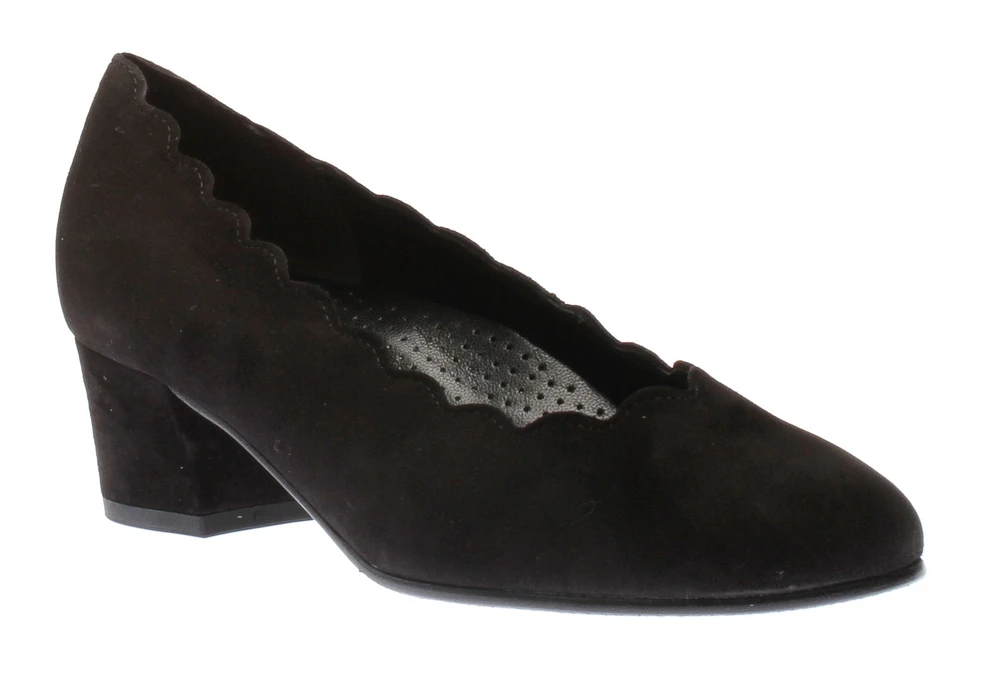 Black Suede Leather Scalloped Block Heel