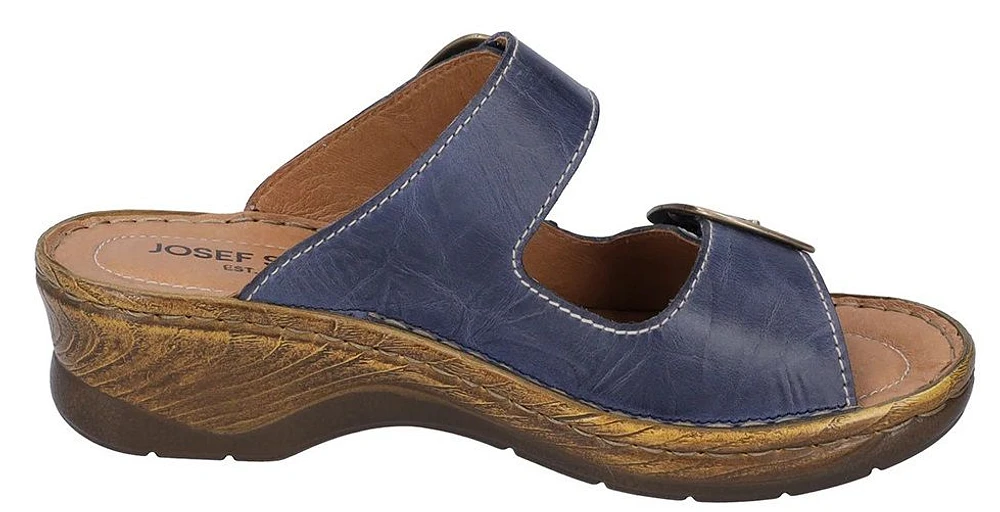 Catalonia 76 Dark Blue Leather Big Buckle Slide Wedge Sandal