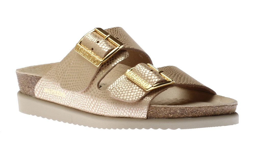 Hester Light Sand Gold Buckle Textured Leather Slide Sandal