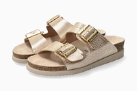 Hester Light Sand Gold Buckle Textured Leather Slide Sandal