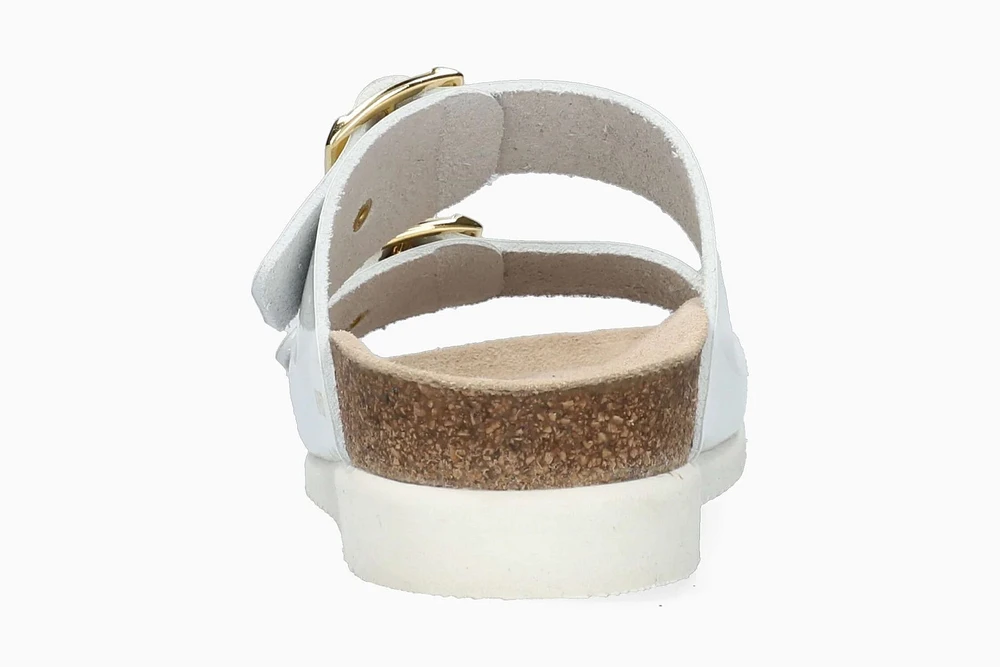 Hester White Patent Gold Buckle Slide Sandal
