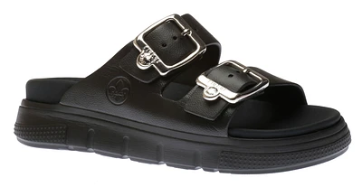 Eva Black Double Strap Silver Buckle Slide Sandal