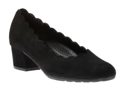 Black Suede Leather Scalloped Block Heel