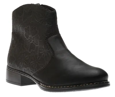 France Black Floral Embossing Western Ankle Boot