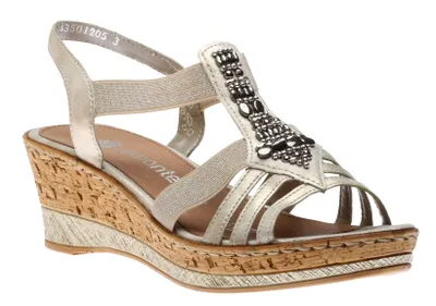 Alula Beige Gold Beaded Strappy Wedge Sandal