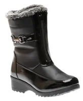 Front Zipper Faux Fur Trim Black Patent Vegan Leather Winter Boot