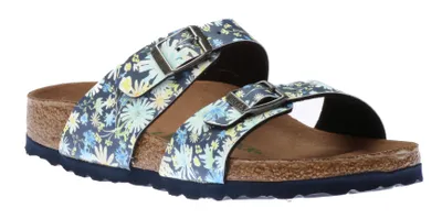 Sydney Vegan Birko-Flor Summer Floral Blue Double Strap Slide Sandal
