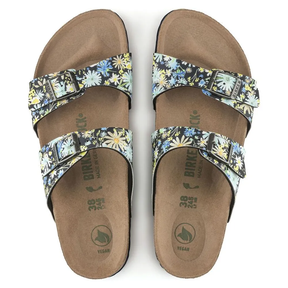 Sydney Vegan Birko-Flor Summer Floral Blue Double Strap Slide Sandal