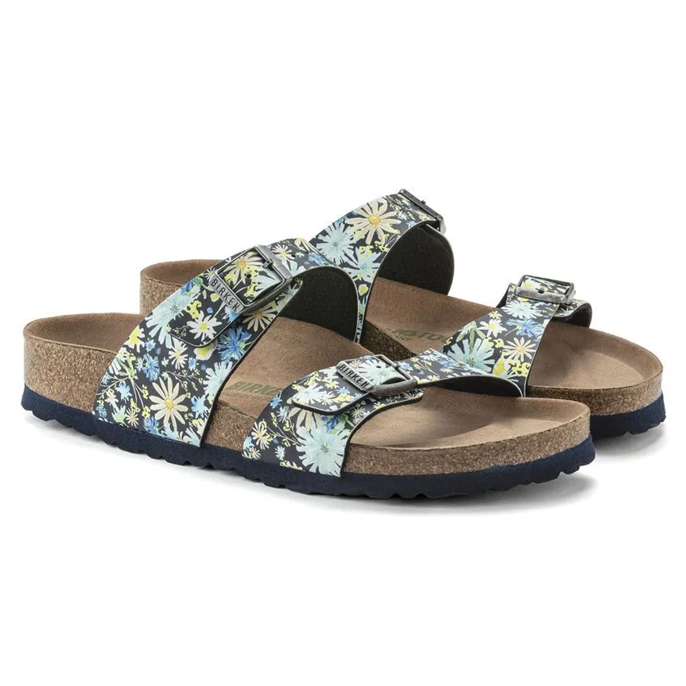 Sydney Vegan Birko-Flor Summer Floral Blue Double Strap Slide Sandal