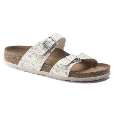 Sydney Vegan Birko-Flor Watercolor Flower White Double Strap Slide Sandal