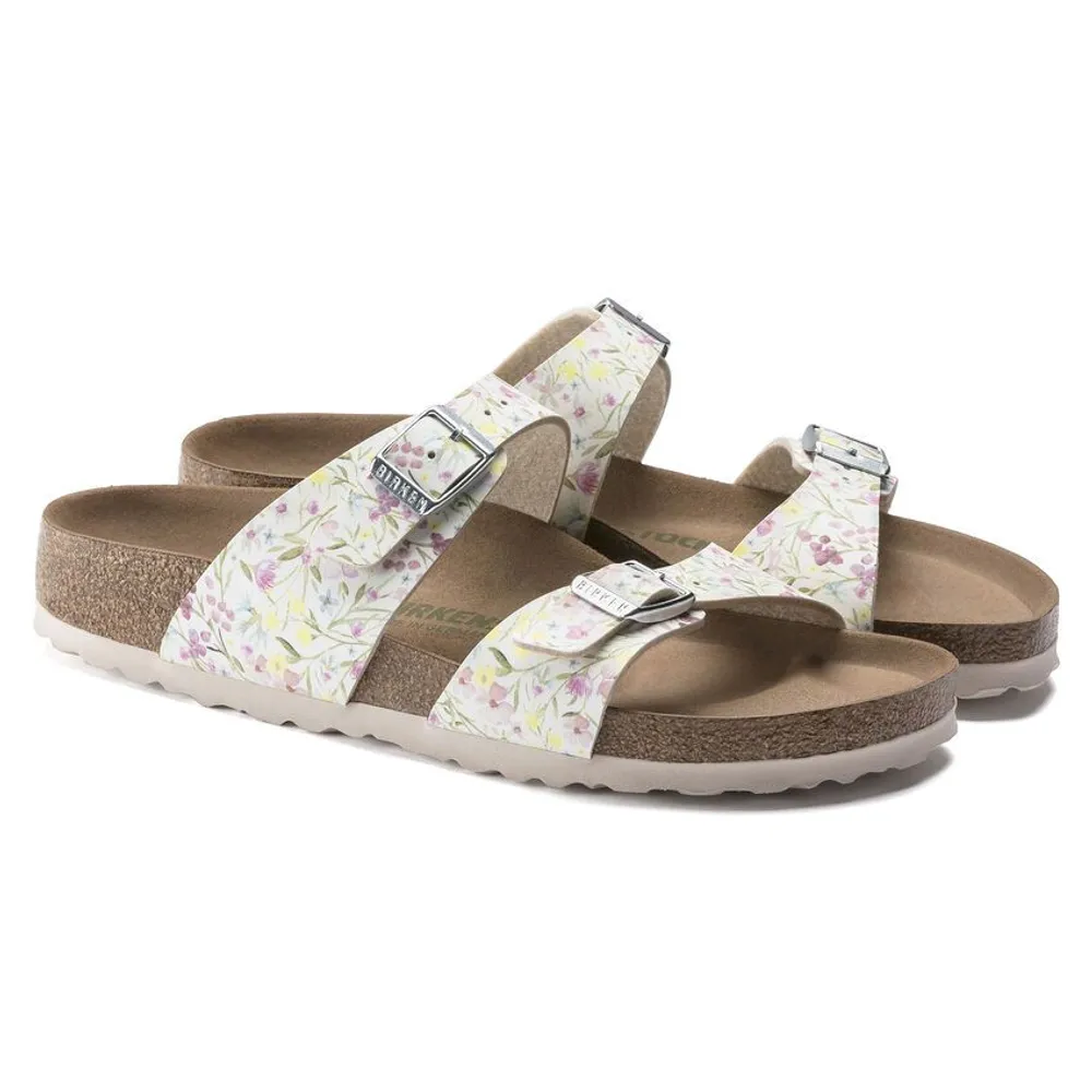 Sydney Vegan Birko-Flor Watercolor Flower White Double Strap Slide Sandal