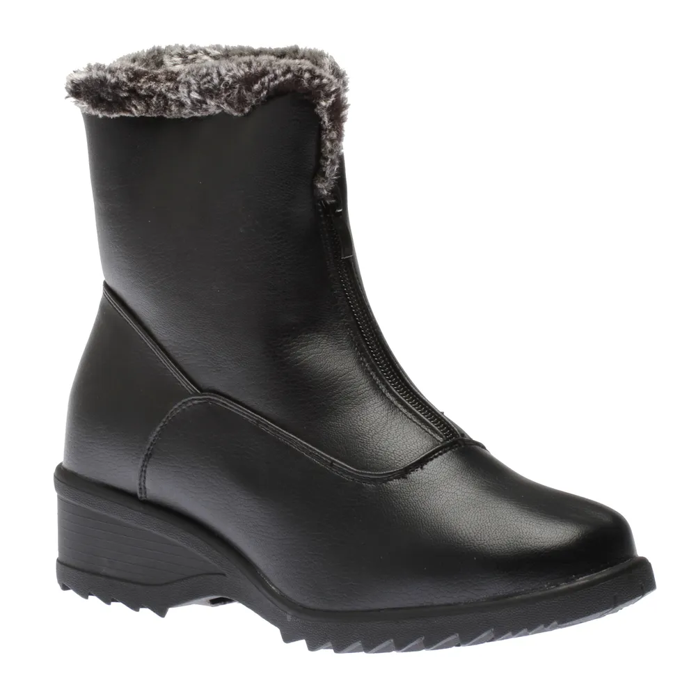 Front Zipper Ice Grip Black Faux Fur Vegan Winter Boot