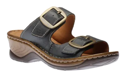 Catalonia 76 Dark Blue Leather Big Buckle Slide Wedge Sandal