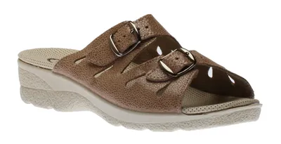 Taupe Double Strap Buckle Slide Wedge Sandal