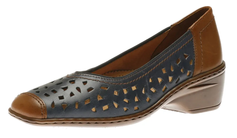 Rashida Navy Perforated Leather Low Heel Pump