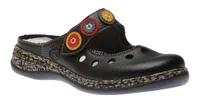 Womens Black Leather Multicolour Medallion Clog