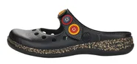 Womens Black Leather Multicolour Medallion Clog