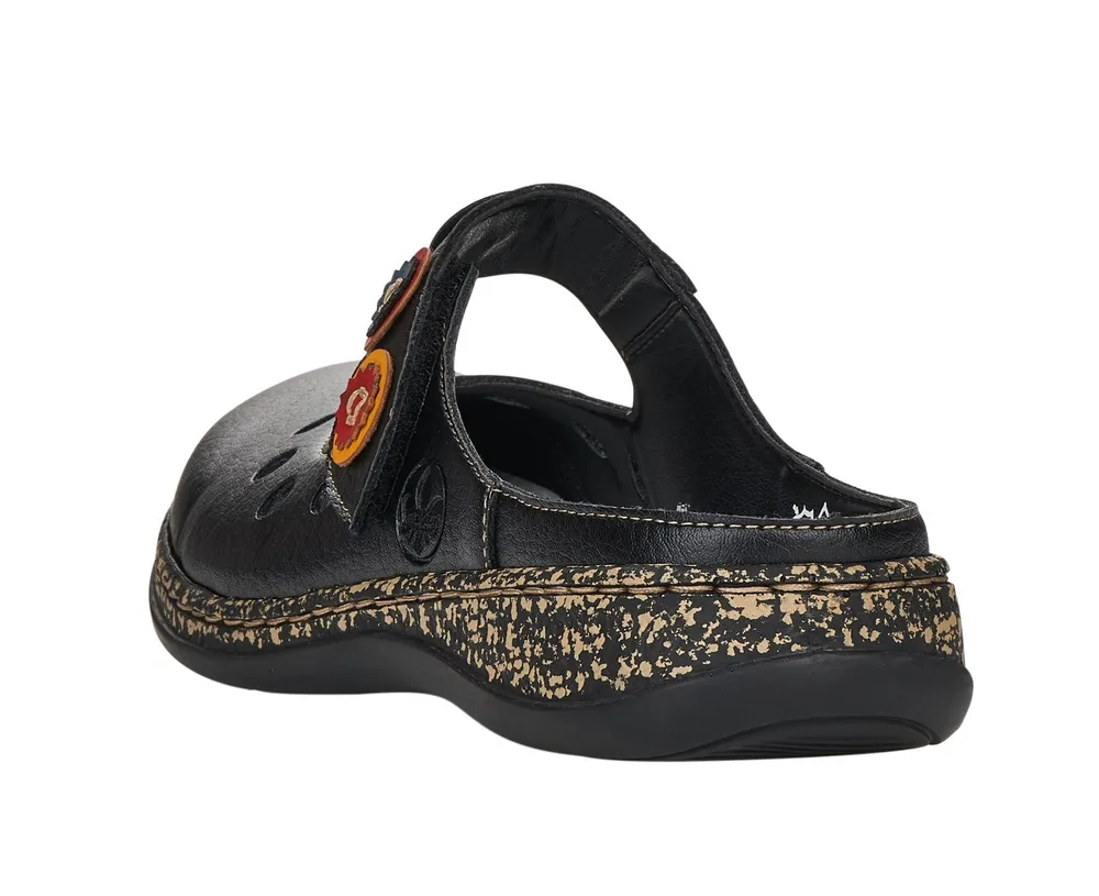 Womens Black Leather Multicolour Medallion Clog