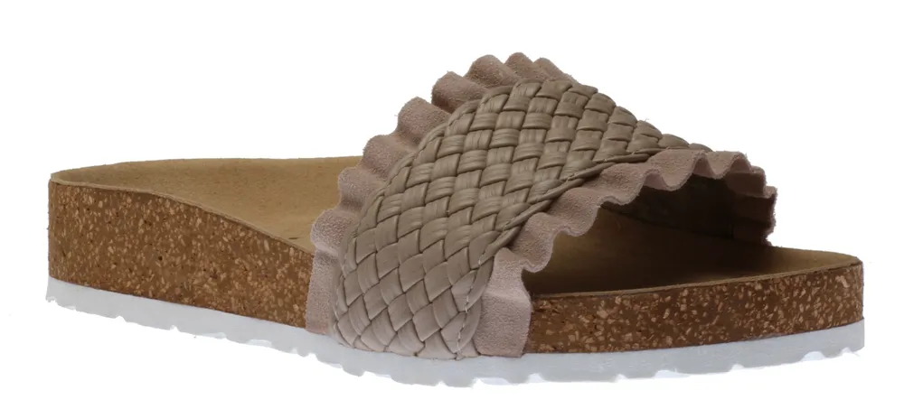 Ruffled Beige Leather Slide Sandal